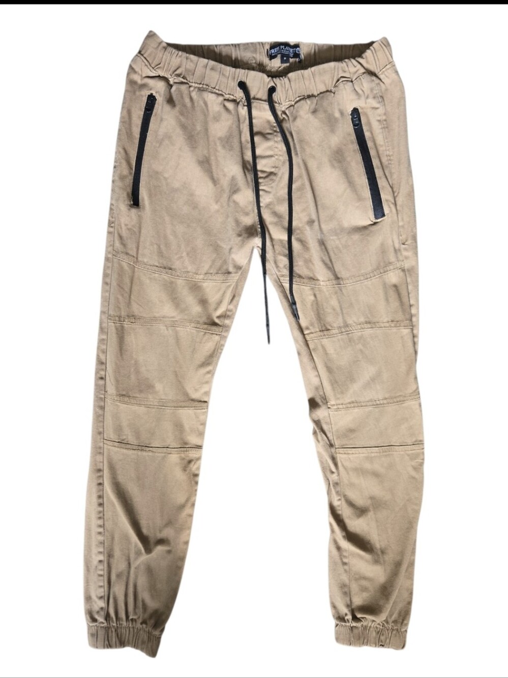 Free Planet Men's Moto Jogger Pants Tan Khaki Elastic Waist Drawstring - M
